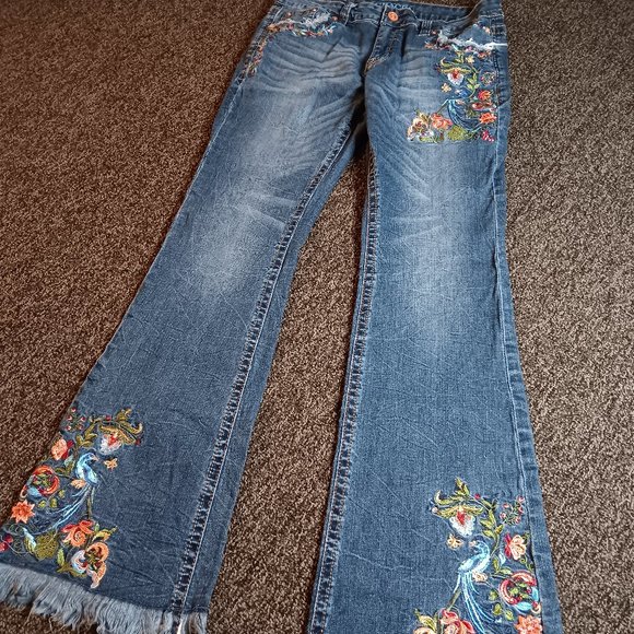 Grace in LA Denim - Grace in LA Jeans Embroidered Multi-Color Floral Raw Flare  30